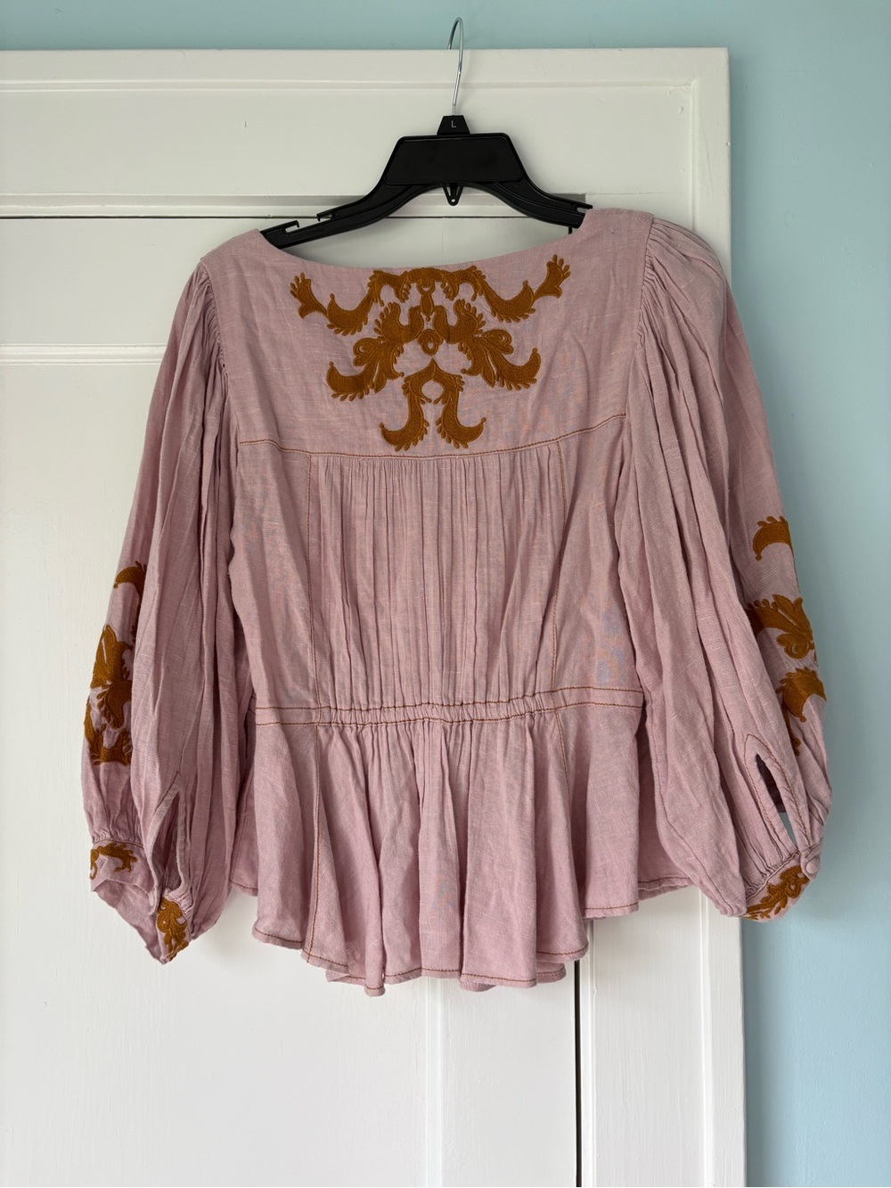 Free People Sweet Serenade Embroidered Boho Peasant Blouse Pink Gold - Picture 4 of 5